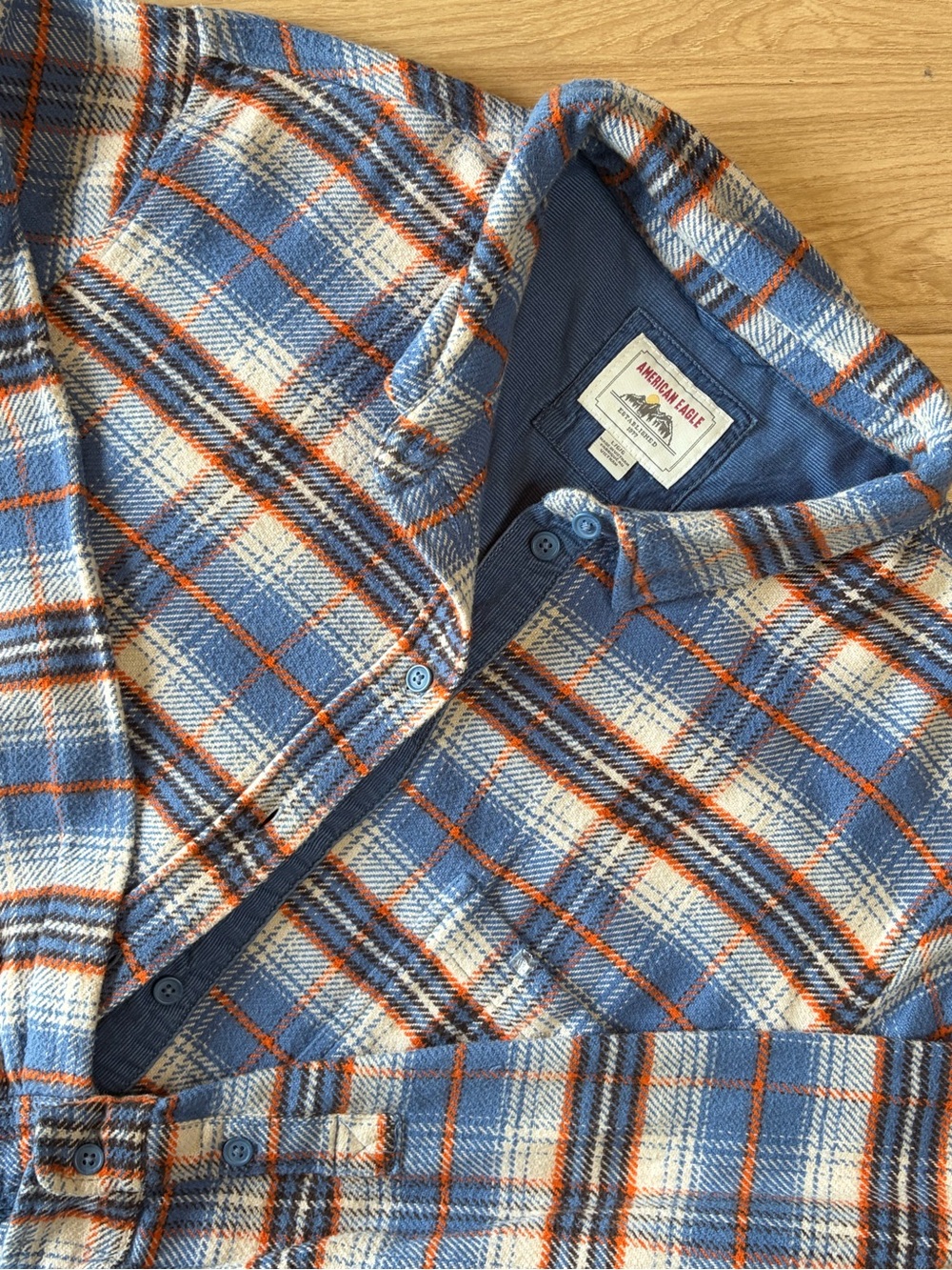American Eagle Men's Blue & Orange Plaid Button-Up Shirt Large 100% Cotton